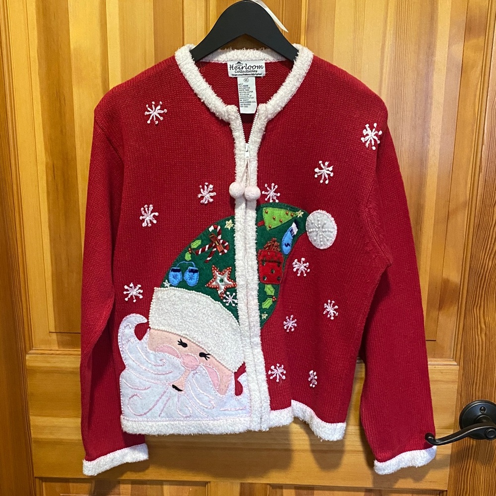 VTG Heirloom Collectibles Gorgeous Red Santa Christmas Zipped Cardigan